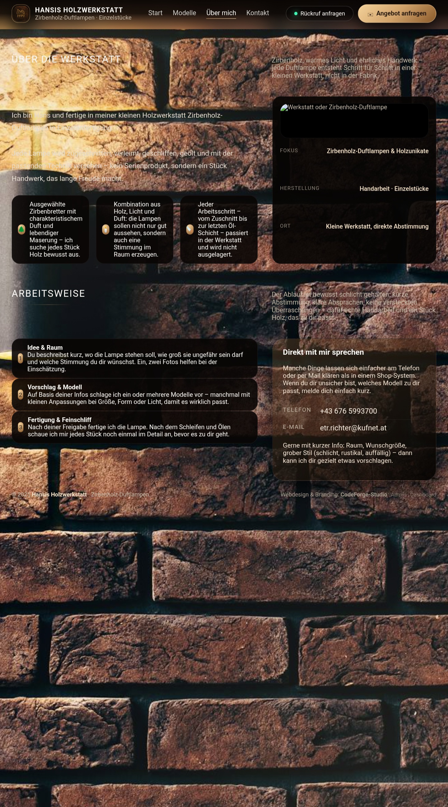 Über-mich-Seite von Hansis Holzwerkstatt mit Beschreibung der Werkstatt und Arbeitsweise