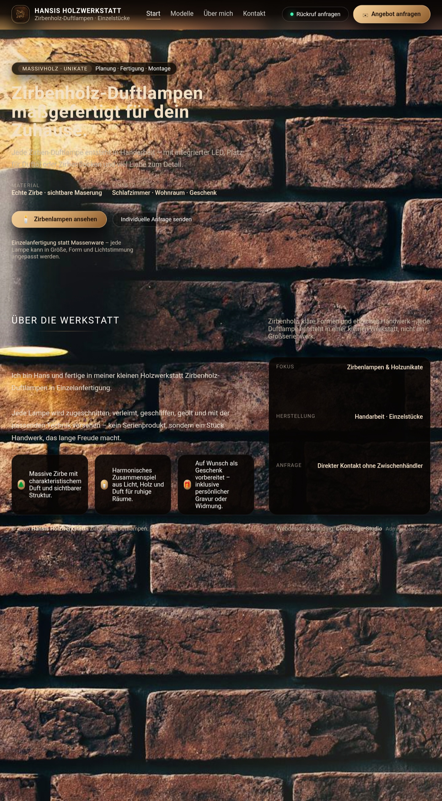 Startseite von Hansis Holzwerkstatt mit hero-Bereich und Vorstellung der Zirbenholz-Duftlampen
